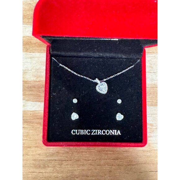 Sterling Silver Cubic Zirconia Heart Pendant Necklace & Earrings Set In Red Velv - Picture 3 of 6